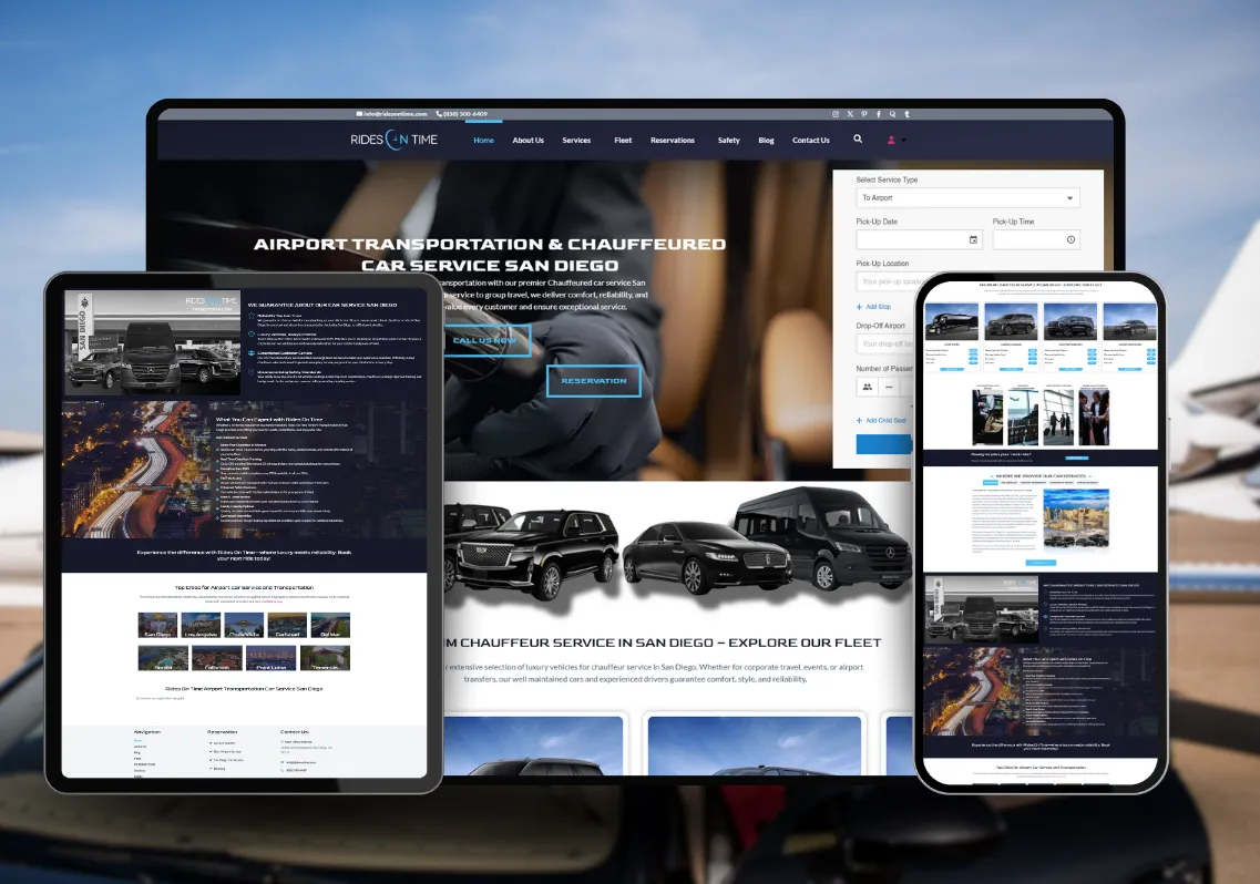 Rides On Time website on desktop, tablet and phone